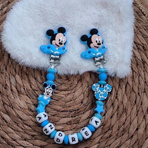 Attache doudou mickey personnalisé bleu ciel