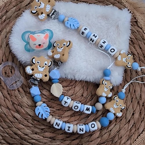 Attache tétine simba lion personnalisée bleu ciel