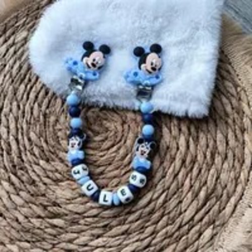 Attache doudou mickey personnalisé bleu ciel