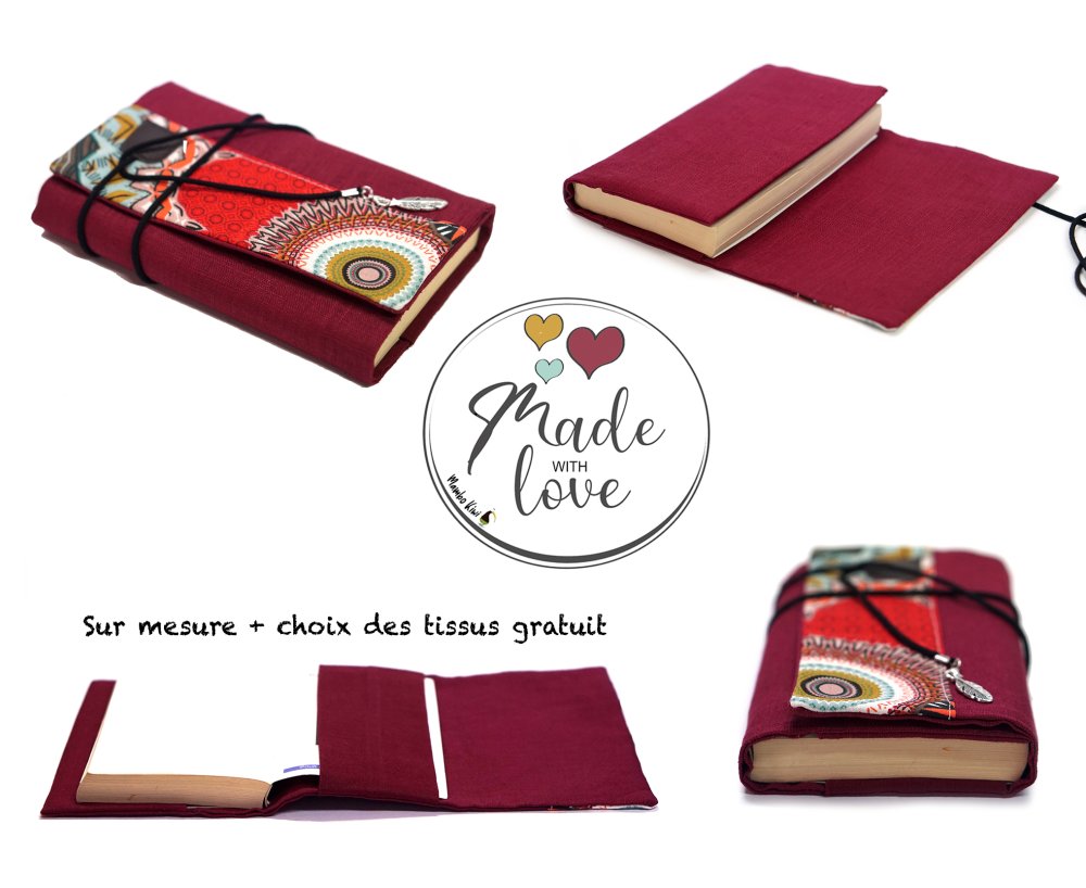 Couverture livre poche lin bordeaux tissu ethnique mandalas, couvre livre  avec rabat ajustable et cordelette, cadeau femme - Un grand marché