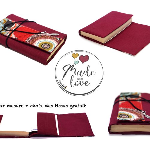 Couverture livre poche lin bordeaux tissu ethnique mandalas, couvre livre avec rabat ajustable et cordelette, cadeau femme