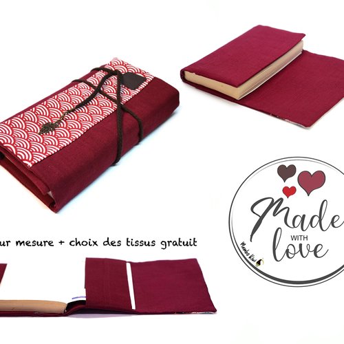 Pochette livre tissu japonais rouge, étui livre de poche en lin bordeaux avec rabat adaptable et fermeture cordelette, cadeau femme