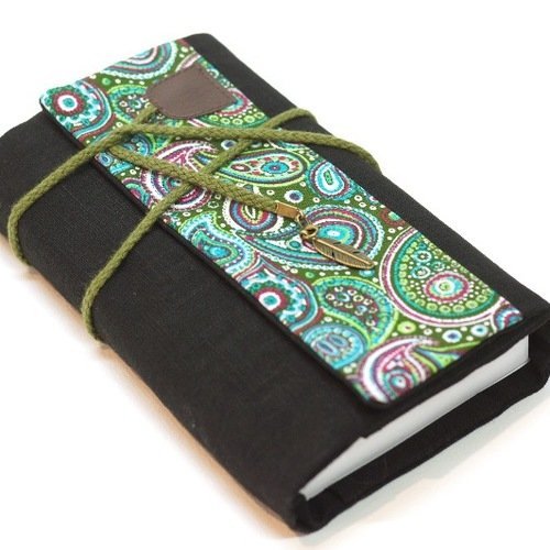 Couverture de livre en lin noir avec tissu ethnique vert, protection pour livre grand format avec rabat et cordon, cadeau femme