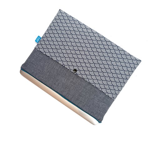 Etui rangement macbook pro 15 tissu japonais bleu avec poche, housse macbook pro 16 fourrée, sacoche ordinateur portable 15 pouces