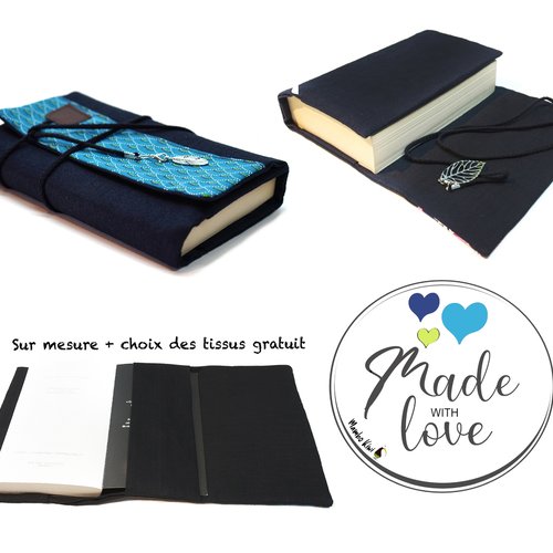 Protège livre poche tissu japonais, étui livre en lin avec rabat adaptable, grand format, protection carnet, cadeau femme