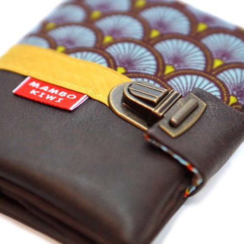 Petit portefeuille femme cuir marron avec tissu japonais, portefeuille fermoir cartable, vintage