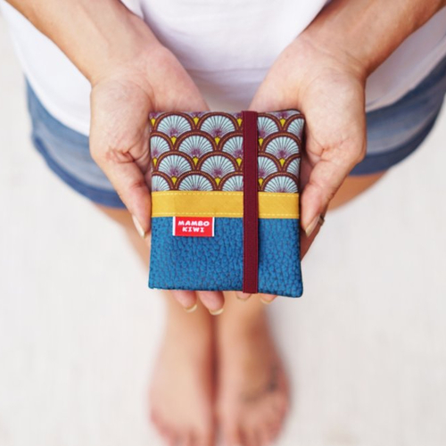 Petit portefeuille femme cuir turquoise tissu japonais avec élastique, cadeau personnalisable fait main