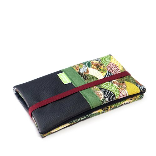 Portefeuille compagnon cuir tissu japonais vert/or, grand portefeuille cuir femme, porte chéquier tissu japonais, cadeau femme