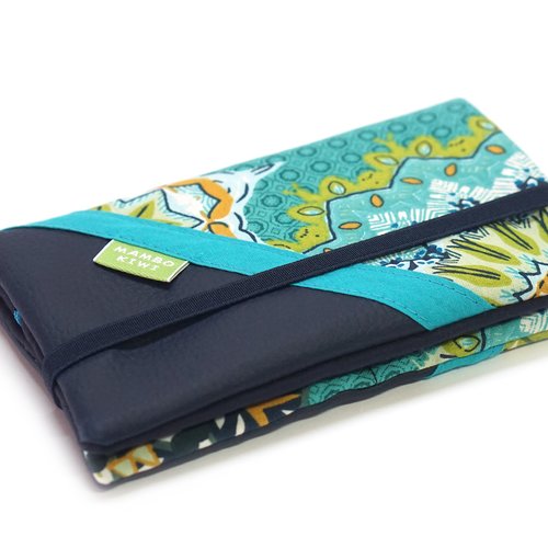 Portefeuille femme cuir et tissu wax mandalas vert avec élastique - fait main français
