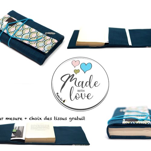Couvre livre poche lin turquoise tissu japonais avec rabat adaptable, étui carnet santé, grand livre, personnalisable