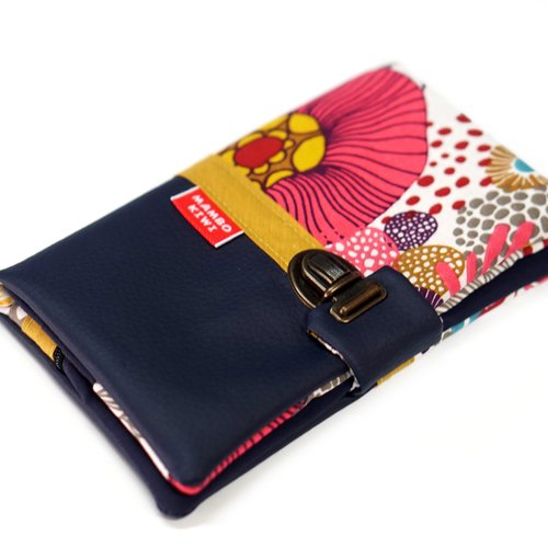 Grand portefeuille chéquier vintage cuir femme fait main, portefeuille cuir et tissu floral avec fermoir cartable