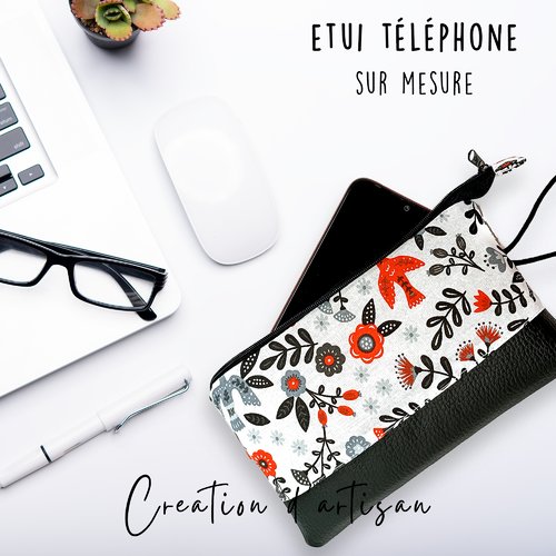 Pochette téléphone portable tissu fleurs minimaliste avec dragonne, housse samsung galaxy, iphone, xiaomi, lenovo, xperia, idée cadeau
