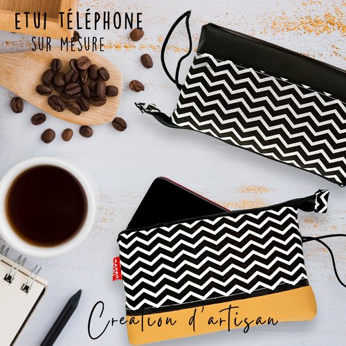 Etui téléphone portable avec mousse tissu minimaliste zigzag, pochette iphone, housse portable taille sur mesure, xperia, huawei, cadeau