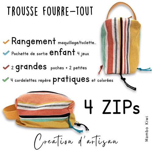 Pochette de rangement 4 compartiments, trousse maquillage, articles de toilette, rangement jouets enfant, idée cadeau