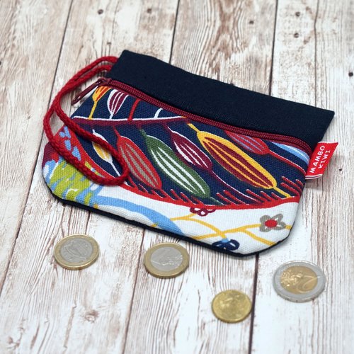 Portemonnaie porte-cartes ethnique en lin bleu marine avec dragonne - cadeau femme