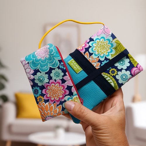 Portefeuille japonais manga fait main – tissu carpe koï, dragon et maneki neko – format compact passeport