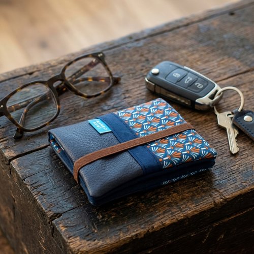 Portefeuille compact homme avec élastique en similicuir et tissu graphique japonais, idée cadeau fait main anniversaire