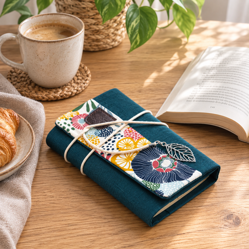 Couverture de livre poche adaptable en lin bleu canard et tissu grosses fleurs vintage