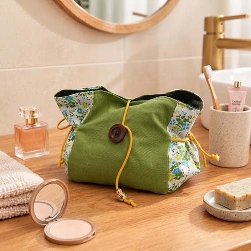 Trousse pour maquillage pochon grand volume en lin et coton liberty