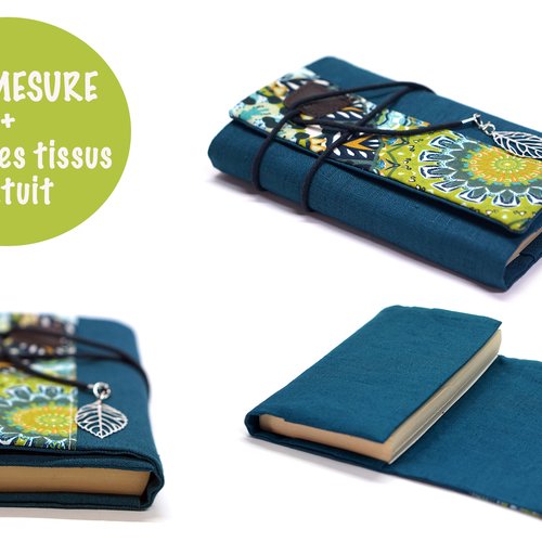 Protège livre poche universel en lin turquoise et tissu mandalas, couverture livre grand format, cadeau femme