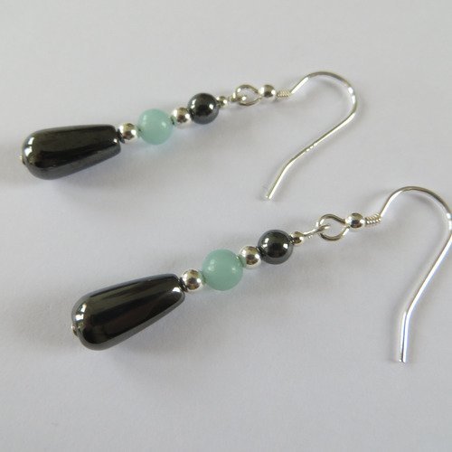 Boucles d'oreilles hématite ,amazonite et  argent 925.