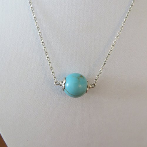 Collier  avec perle en véritable turquoise et  chaîne argent 925