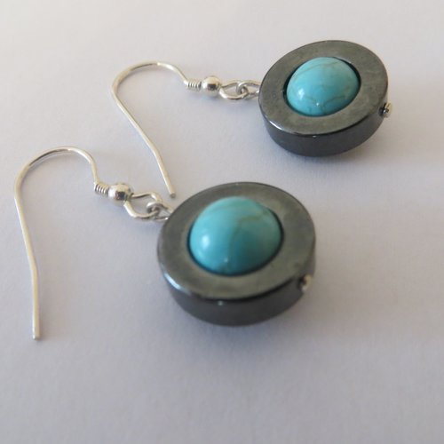 Boucles d'oreilles hématite  et turquoise véritable et argent 925