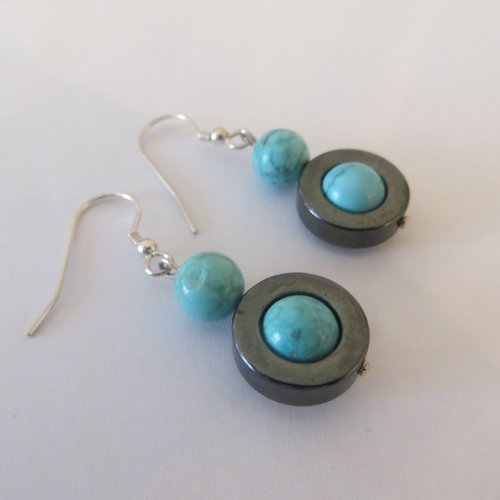 Boucles d'oreilles hématite  et turquoise véritable et argent 925