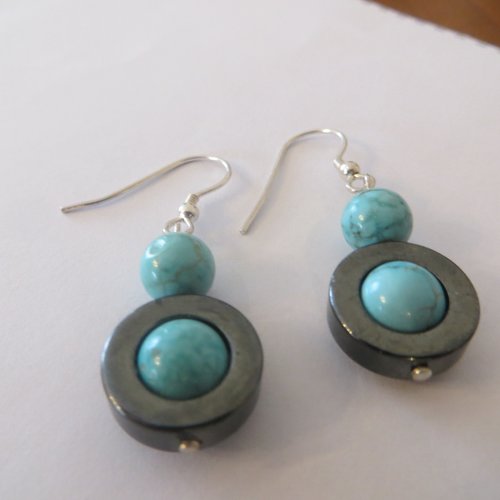 Boucles d'oreilles hématite  et turquoise véritable et argent 925