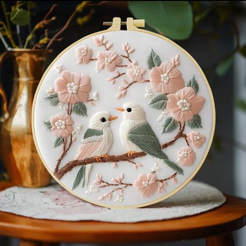 Kit broderie débutant complet - motif fleurs et oiseaux - diy loisirs créatifs adulte avec tambour 20cm