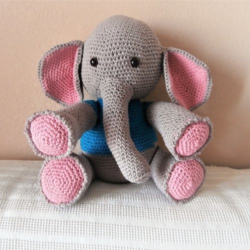 Doudou fanfan l'eléphant gris et rose, coton, fait main au crochet