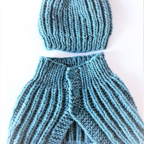 Ensemble bonnet + tour de cou, laine bleu/vert océan, fait main