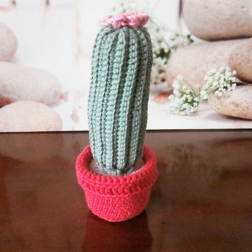 Cactus cierge fleur rose, pot rose vif, plante grasse, décoration maison, ambiance exotique, fait main coton, crochet