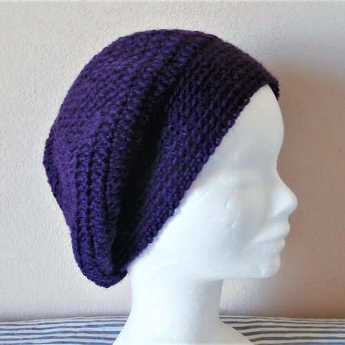 Béret/bonnet, femme, violet pure laine, fait main au crochet