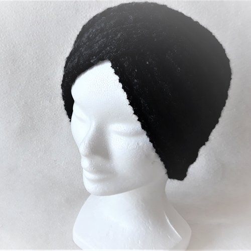 Bandeau, serre-tête, turban, cache-oreille, laine, noir, forme croisée,  fait main