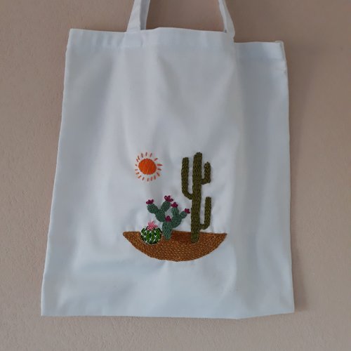 Tote bag, sac toile coton , décor cactus brodés à la main,