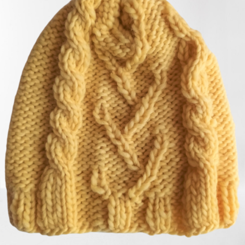 Bonnet, chapeau, couvre-chef, laine jaune, torsades, fait-main