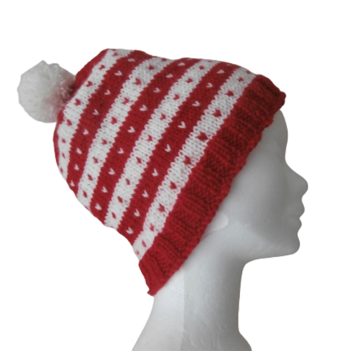 Bonnet taille adulte laine rouge et blanc à motif jacquard, pompon, fait-main