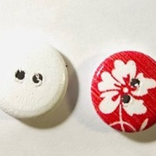Bouton rond  "fleur blanche sur fond rouge" - 15mm x4