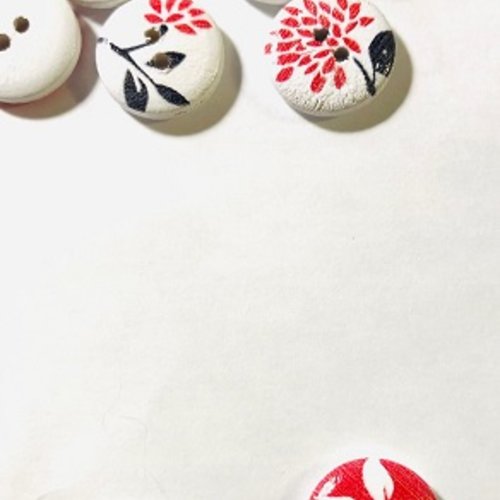 Bouton rond "feuille blanche sur fond rouge"  - 15mm x4