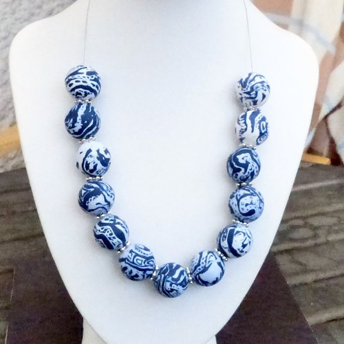 Collier de perles motif bleu mer/collier de perles en pâte polymère