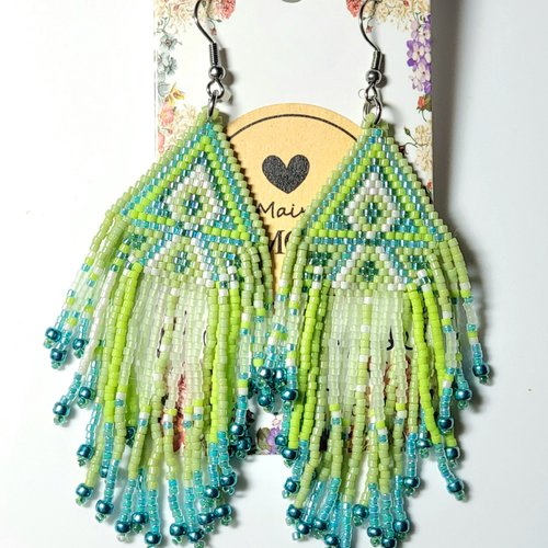 Boucles d'oreille camaïeu vert et bleu   ,tissées style améridien en délicas miyuki