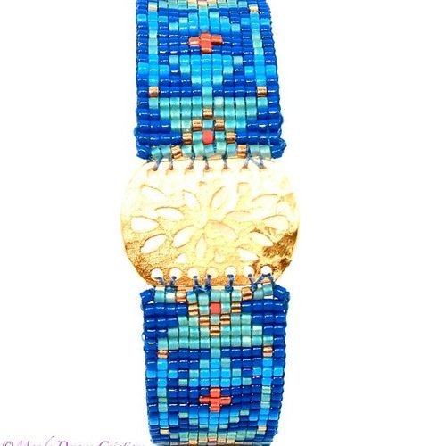 Bracelet intercalaire doré ajouré et aux motifs mexicains en perles tissées, bleues, turquoises, avec des delicas miyuki