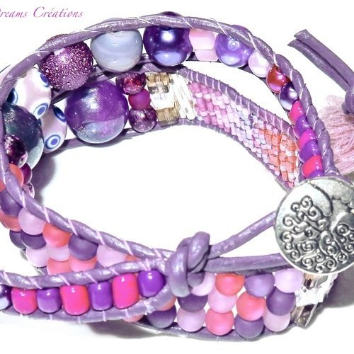 Bracelet wrap 2 tours violet, saumon, tissage delicas miyuki et perles, sur cordon cuir violet