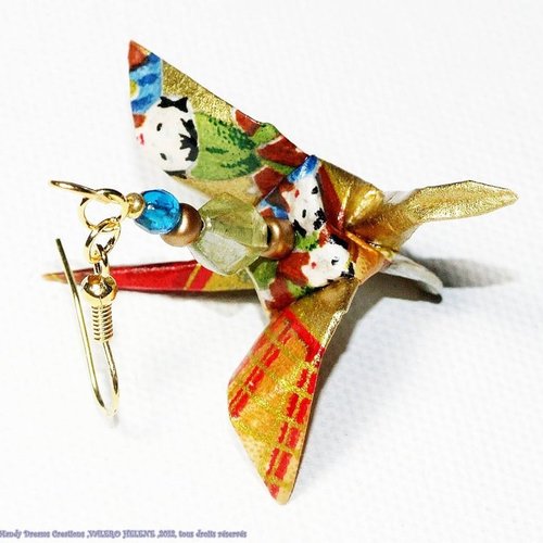Boucles d'oreilles grues dorées avec motifs japonais,origami