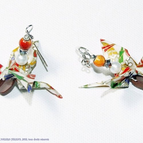 Boucles d'oreilles grues  motifs japonais  mulicolores ,origami