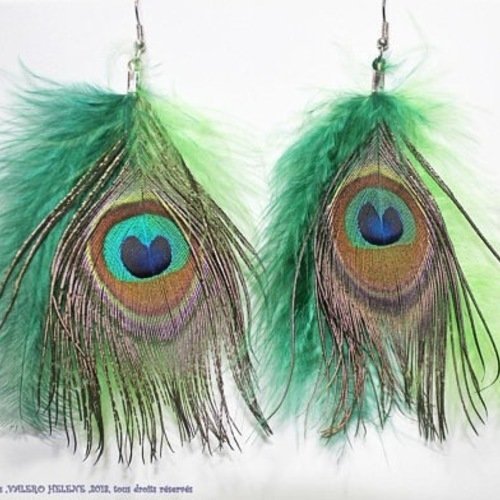 Boucles d'oreilles plumes de paon naturelles, marabout vert