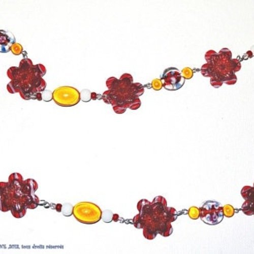 Sautoir fleurs rouge en fimo,perles filées en verre,perles magiques