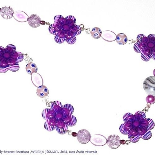 Parure fleurs  pétillantes violettes,lilas,prune, fimo  et perles en verre