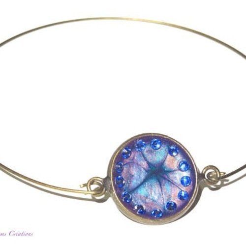 Bracelet  fin cabochon bleu parme lumineux irisé et strass cristal saphir